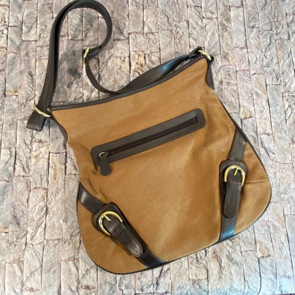 Vintage Canvas Shoulder Bag with Faux Leather Trim Medium Size